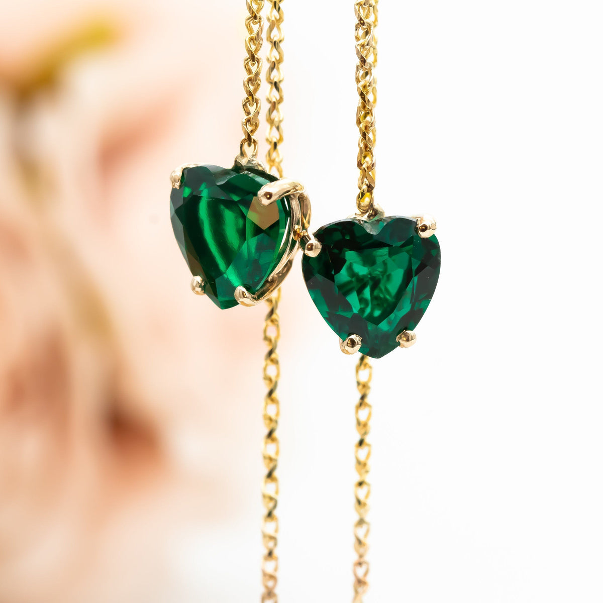 Emerald Earrings, 14K Gold Emerald Long Chain Earrings, Dangle Heart Emerald Earrings, May Birthstone
