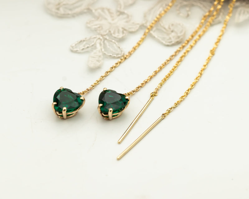 Emerald Earrings, 14K Gold Emerald Long Chain Earrings, Dangle Heart Emerald Earrings, May Birthstone
