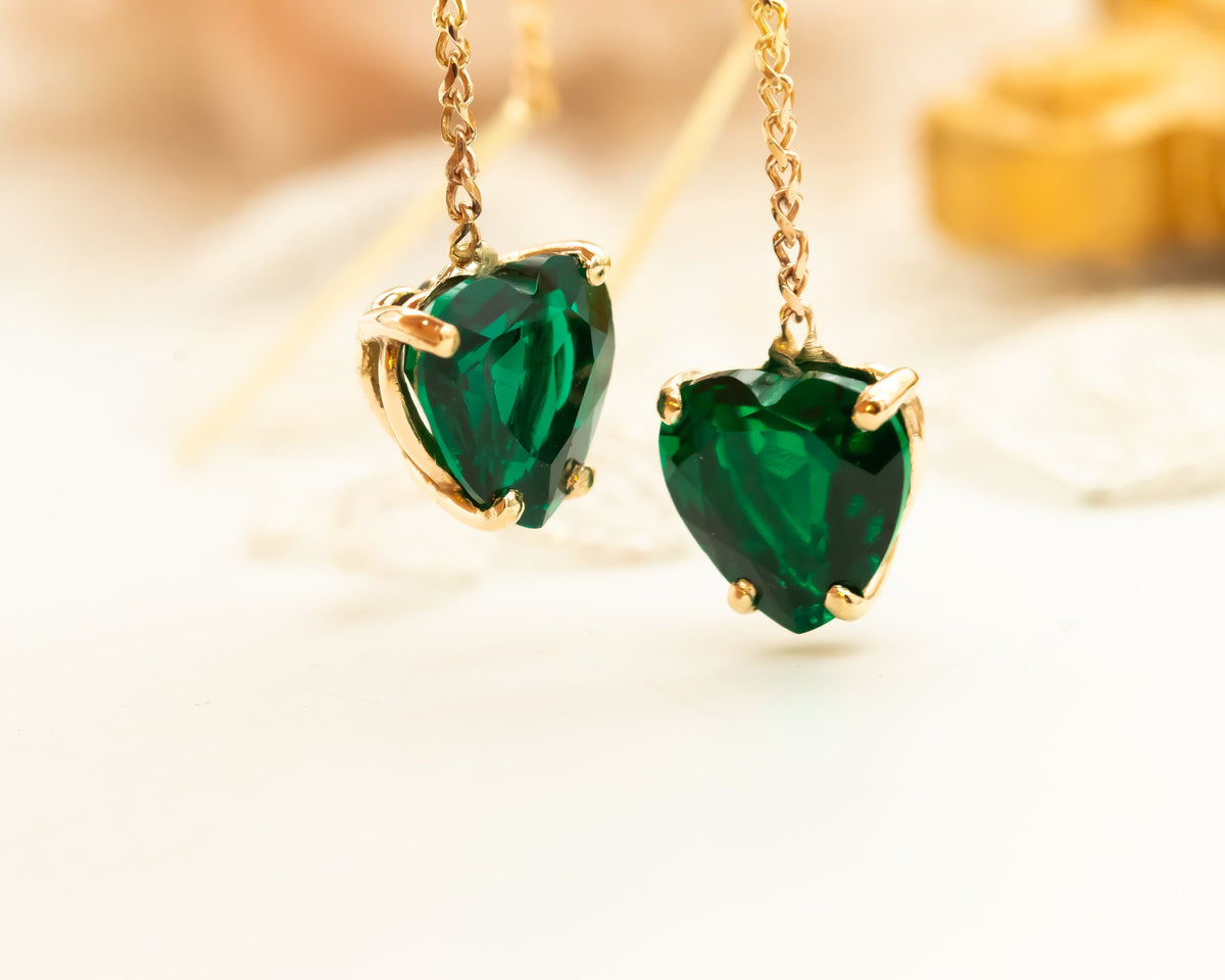 Emerald Earrings, 14K Gold Emerald Long Chain Earrings, Dangle Heart Emerald Earrings, May Birthstone