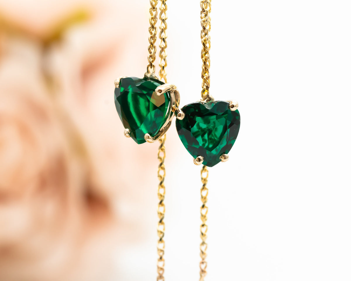 Emerald Earrings, 14K Gold Emerald Long Chain Earrings, Dangle Heart Emerald Earrings, May Birthstone