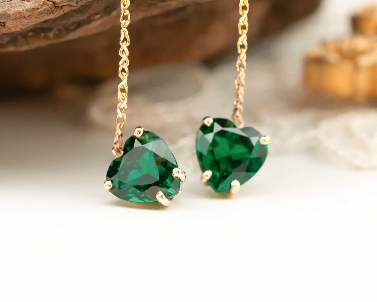 Emerald Earrings, 14K Gold Emerald Long Chain Earrings, Dangle Heart Emerald Earrings, May Birthstone