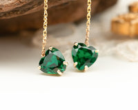 Emerald Earrings, 14K Gold Emerald Long Chain Earrings, Dangle Heart Emerald Earrings, May Birthstone