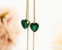 Emerald Earrings, 14K Gold Emerald Long Chain Earrings, Dangle Heart Emerald Earrings, May Birthstone