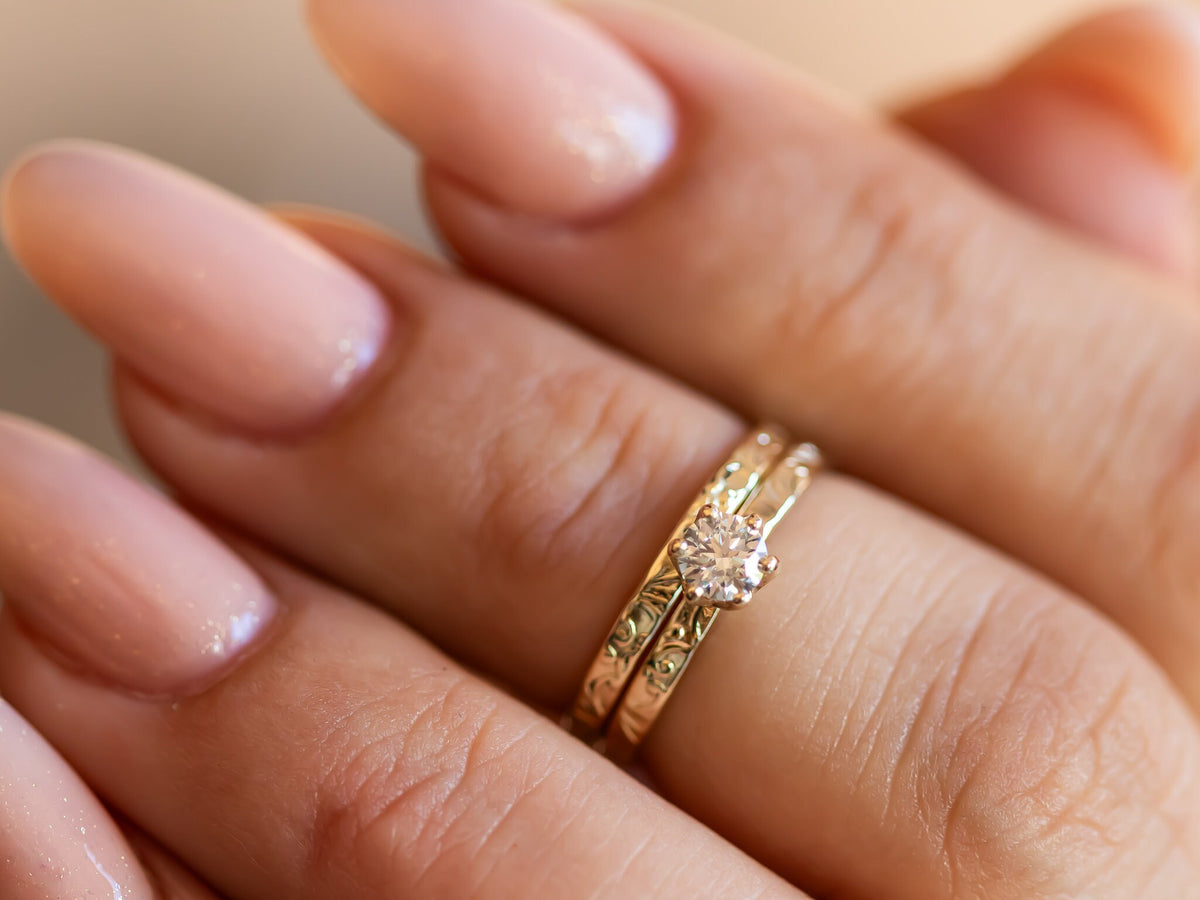 Engagement Ring Set, Diamond Ring Set, Gold Engagement Ring, Solitaire Diamond Ring, Floral Gold Ring, Yellow Gold Wedding Band, 14k Gold