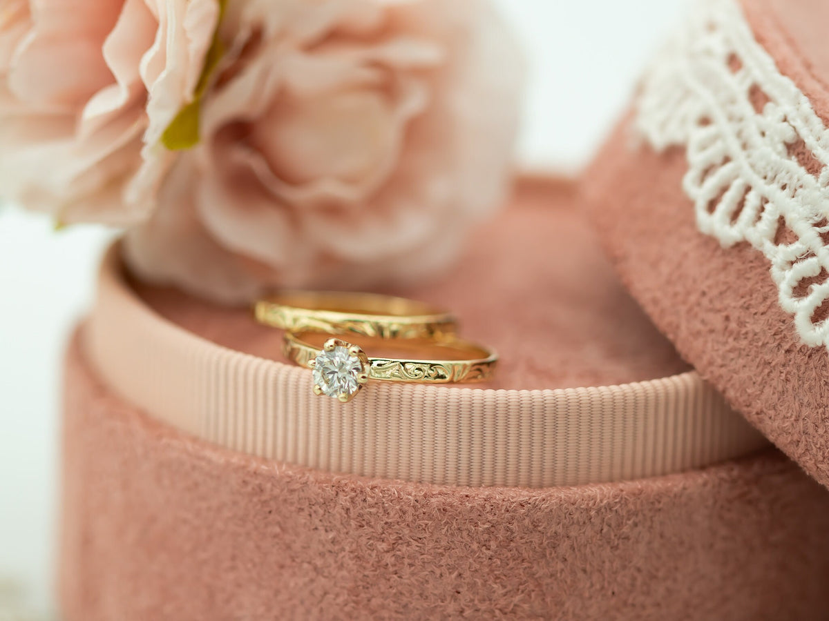 Engagement Ring Set, Diamond Ring Set, Gold Engagement Ring, Solitaire Diamond Ring, Floral Gold Ring, Yellow Gold Wedding Band, 14k Gold