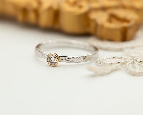 Small Diamond Ring, Bezel Diamond Ring, Floral Engagement Ring, Two Tone Diamond Ring, Floral Gold Ring
