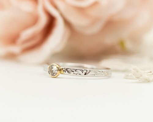 Small Diamond Ring, Bezel Diamond Ring, Floral Engagement Ring, Two Tone Diamond Ring, Floral Gold Ring