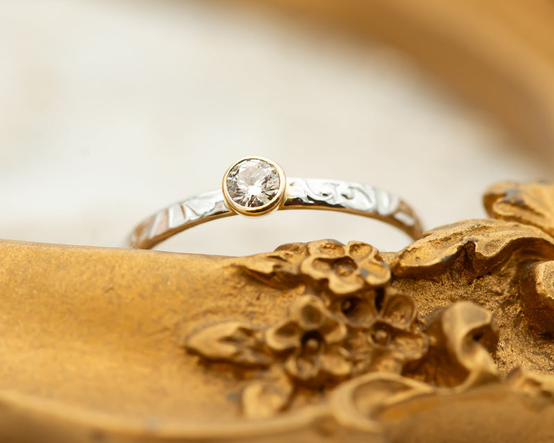 Small Diamond Ring, Bezel Diamond Ring, Floral Engagement Ring, Two Tone Diamond Ring, Floral Gold Ring