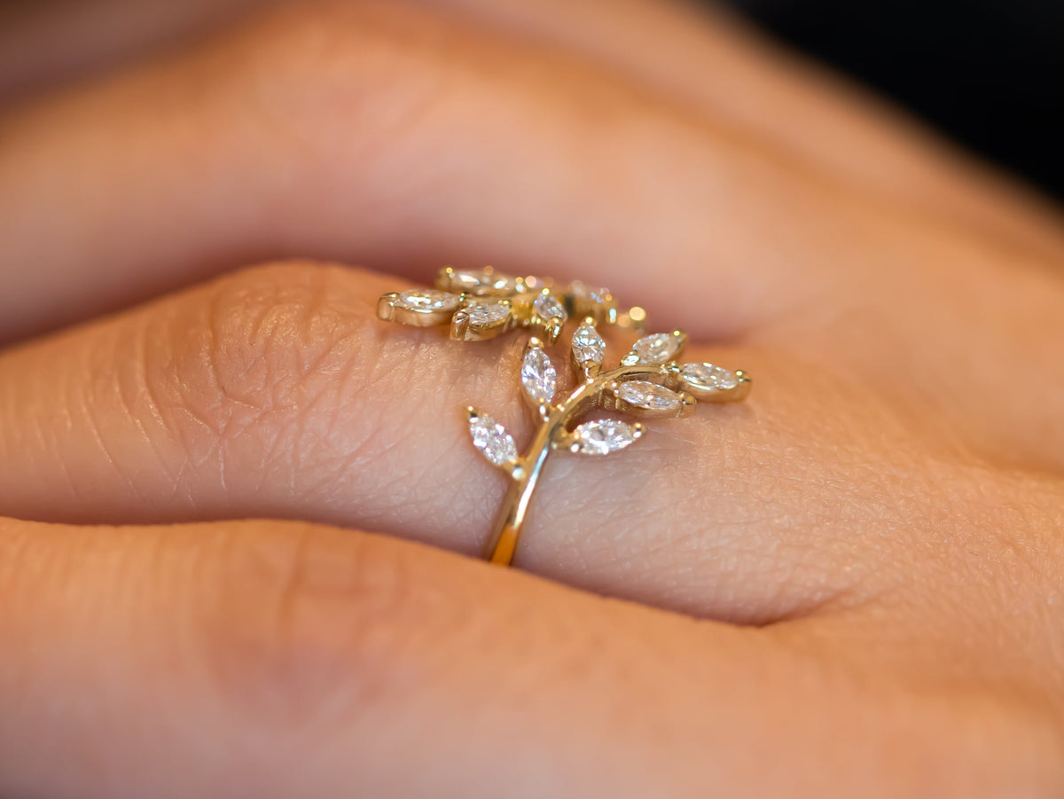 Leaf Diamond Ring, Diamond Open Ring, Leaf Ring with Diamonds, Diamond Leaf Engagement Ring