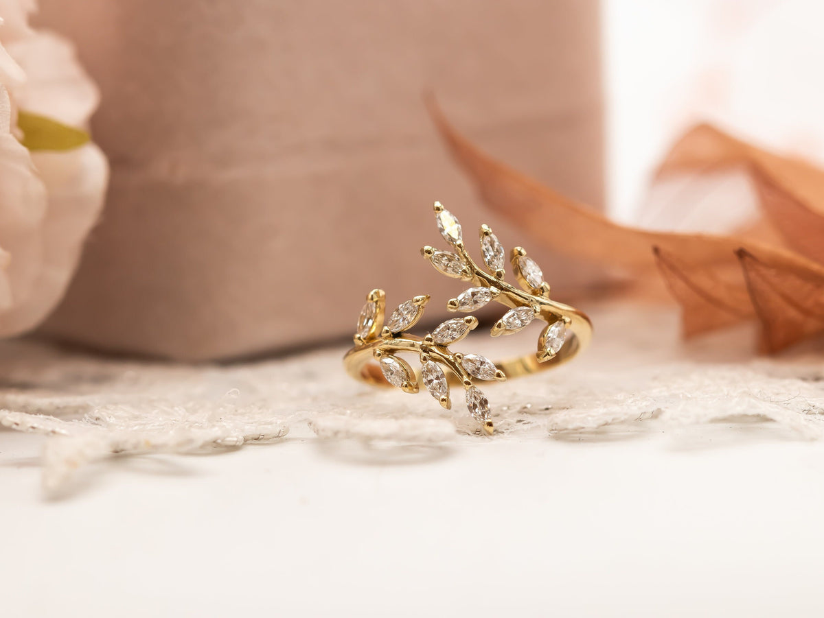 Leaf Diamond Ring, Diamond Open Ring, Leaf Ring with Diamonds, Diamond Leaf Engagement Ring