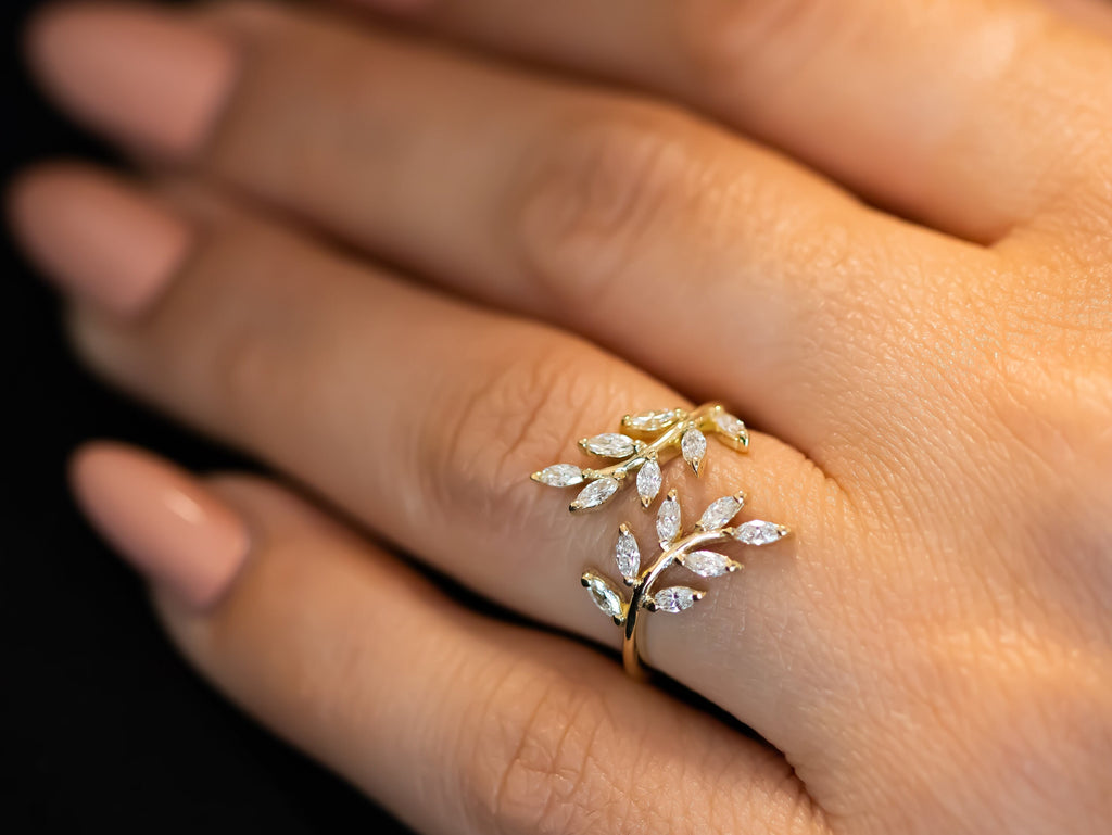 Leaf Diamond Ring, Diamond Open Ring, Leaf Ring with Diamonds, Diamond Leaf Engagement Ring