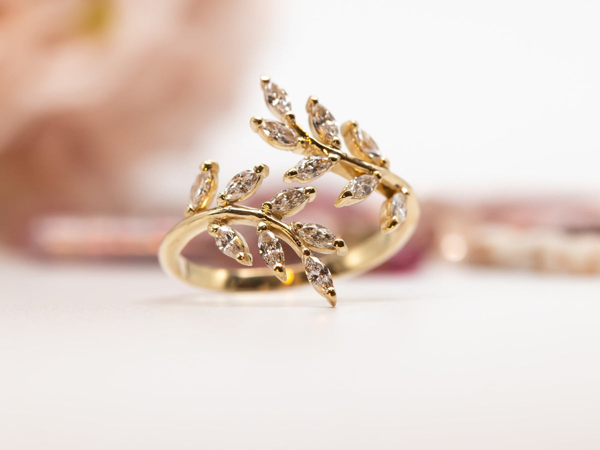 Leaf Diamond Ring, Diamond Open Ring, Leaf Ring with Diamonds, Diamond Leaf Engagement Ring