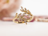 Leaf Diamond Ring, Diamond Open Ring, Leaf Ring with Diamonds, Diamond Leaf Engagement Ring