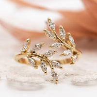 Leaf Diamond Ring, Diamond Open Ring, Leaf Ring with Diamonds, Diamond Leaf Engagement Ring