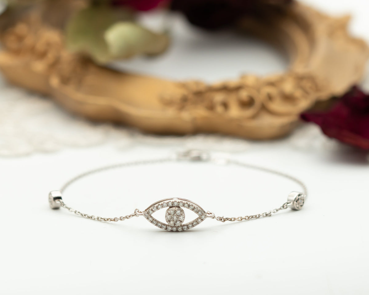 Diamond Evil Eye Bracelet, Evil Eye Chain Charm Bracelet, Evil Eye 14k Gold Diamond Bracelet