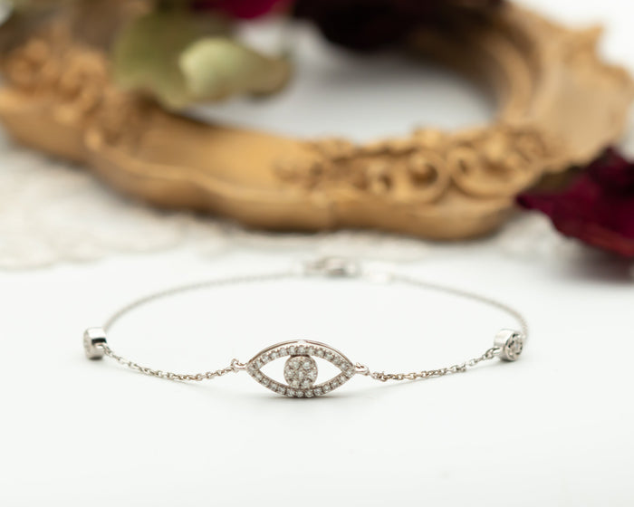 Diamond Evil Eye Bracelet, Evil Eye Chain Charm Bracelet, Evil Eye 14k Gold Diamond Bracelet
