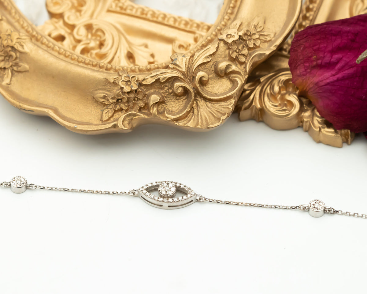Diamond Evil Eye Bracelet, Evil Eye Chain Charm Bracelet, Evil Eye 14k Gold Diamond Bracelet