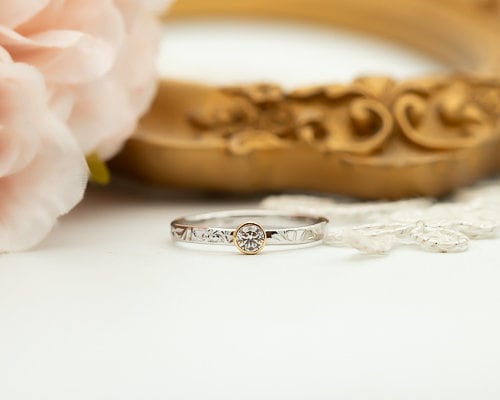 Small Diamond Ring, Bezel Diamond Ring, Floral Engagement Ring, Two Tone Diamond Ring, Floral Gold Ring