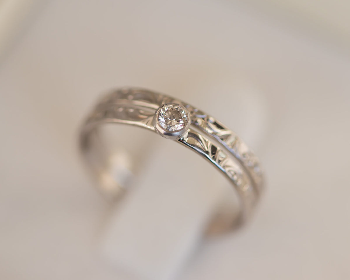 Small Diamond Ring, Bezel Diamond Ring, Floral Engagement Ring, Two Tone Diamond Ring, Floral Gold Ring