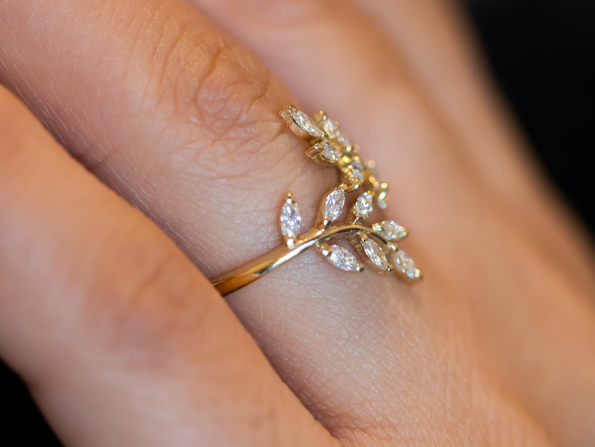 Leaf Diamond Ring, Diamond Open Ring, Leaf Ring with Diamonds, Diamond Leaf Engagement Ring
