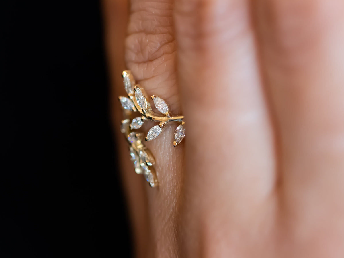 Leaf Diamond Ring, Diamond Open Ring, Leaf Ring with Diamonds, Diamond Leaf Engagement Ring