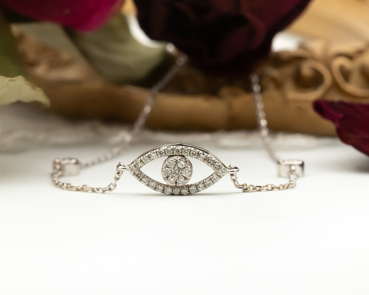 Diamond Evil Eye Bracelet, Evil Eye Chain Charm Bracelet, Evil Eye 14k Gold Diamond Bracelet