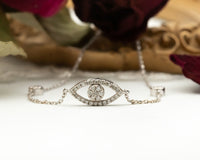 Diamond Evil Eye Bracelet, Evil Eye Chain Charm Bracelet, Evil Eye 14k Gold Diamond Bracelet