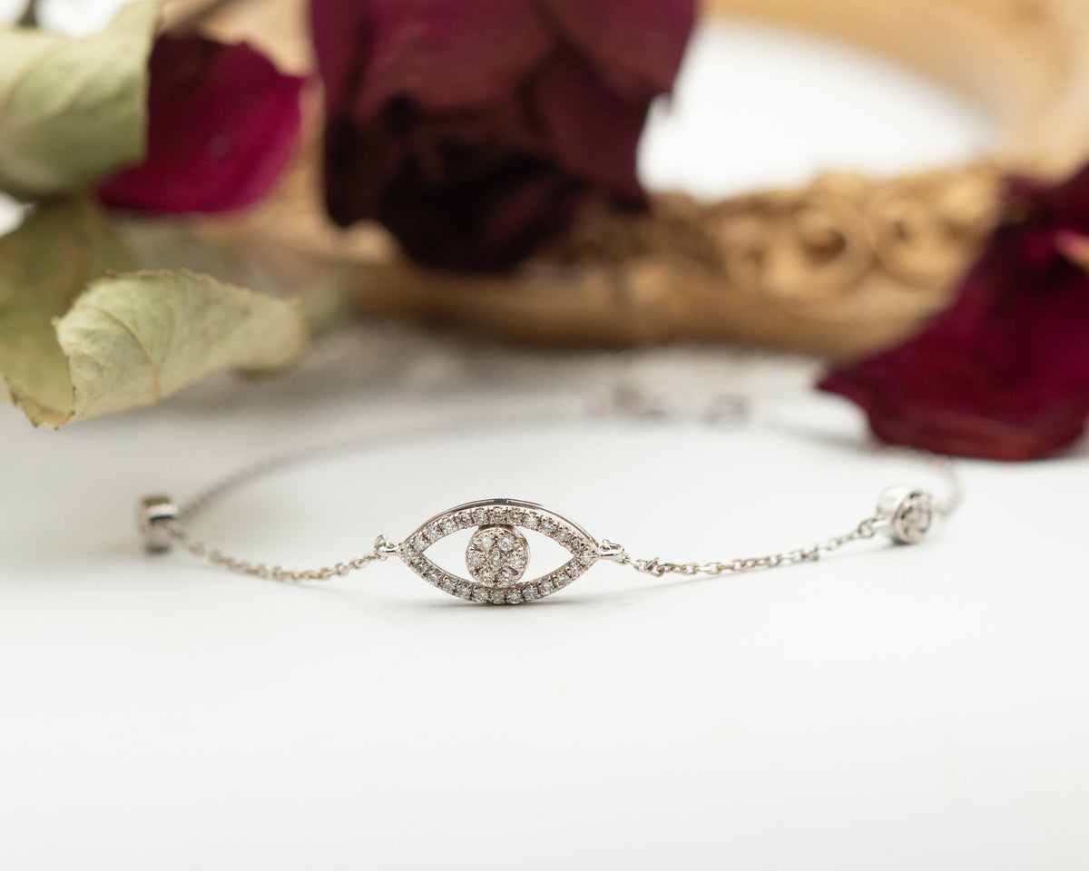 Diamond Evil Eye Bracelet, Evil Eye Chain Charm Bracelet, Evil Eye 14k Gold Diamond Bracelet