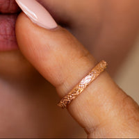 Rose gold wedding band, thin gold ring, lace wedding band, floral gold wedding band in 14k gold