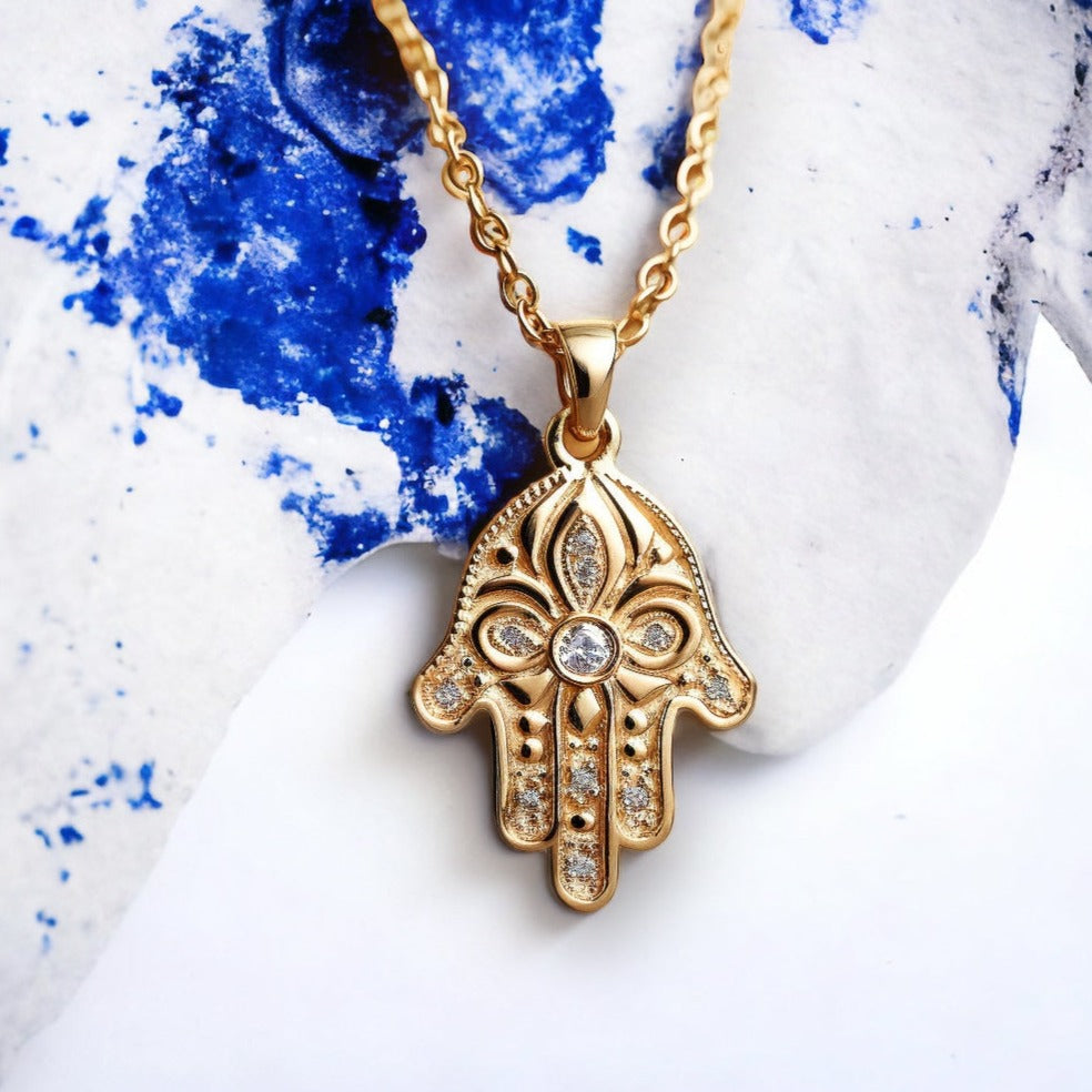 Hamsa Necklace, 14K Gold Hamsa Pendant, Floral Hamsa Necklace, Evil Eye Necklace, Hand Protection Necklace, Hamsa Israel, Israeli Jewelry