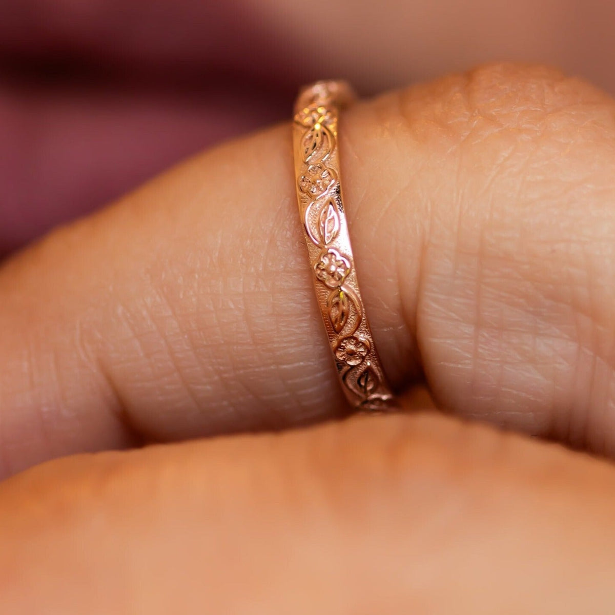 Rose gold wedding band, thin gold ring, lace wedding band, floral gold wedding band in 14k gold