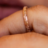 Rose gold wedding band, thin gold ring, lace wedding band, floral gold wedding band in 14k gold