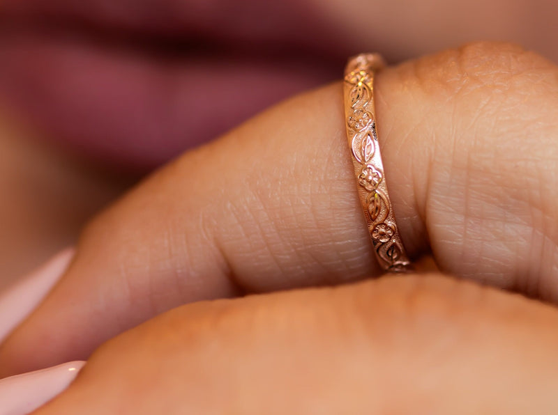 Rose gold wedding band, thin gold ring, lace wedding band, floral gold wedding band in 14k gold