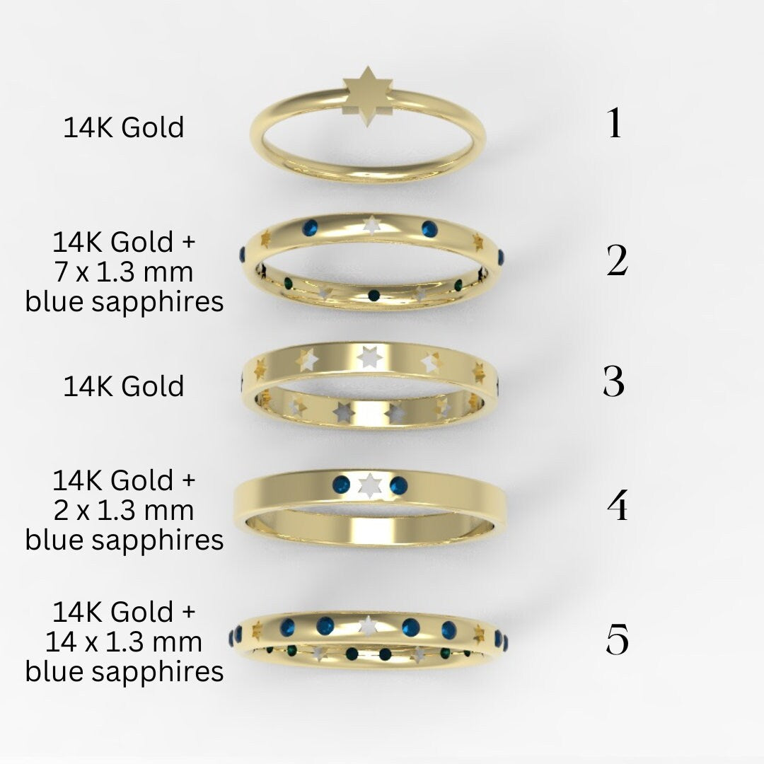 Magen David Ring, 14K Gold ring with Blue sapphire gemstones, Star of David Ring in Gold