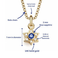 Magen David Pendant Necklace, 14K Diamond Gold Necklace, Blue Sapphire and Diamonds, Jeweish Star Of David, Magen David Jewelry