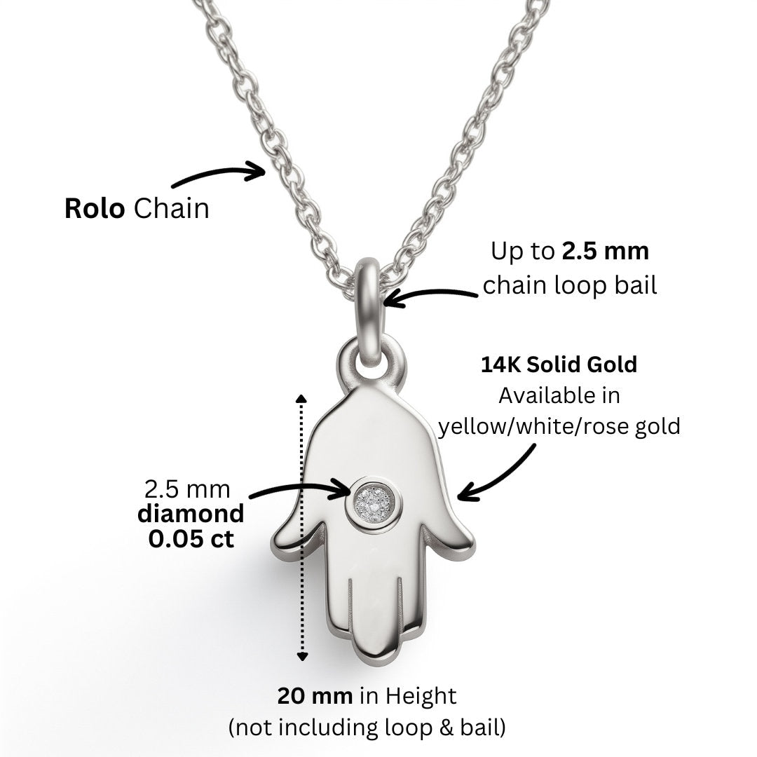 Hamsa Necklace, 14K Gold Hamsa Pendant with Diamond, Lucky Charm Necklace, Hand Protection Necklace, Hamsa Israel, Israeli Jewelry