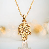 Hamsa Necklace, 14K Gold Hamsa Pendant with Diamond, Floral Hamsa Pendant Necklace, Hand Protection Necklace, Hamsa Israel, Israeli Jewelry