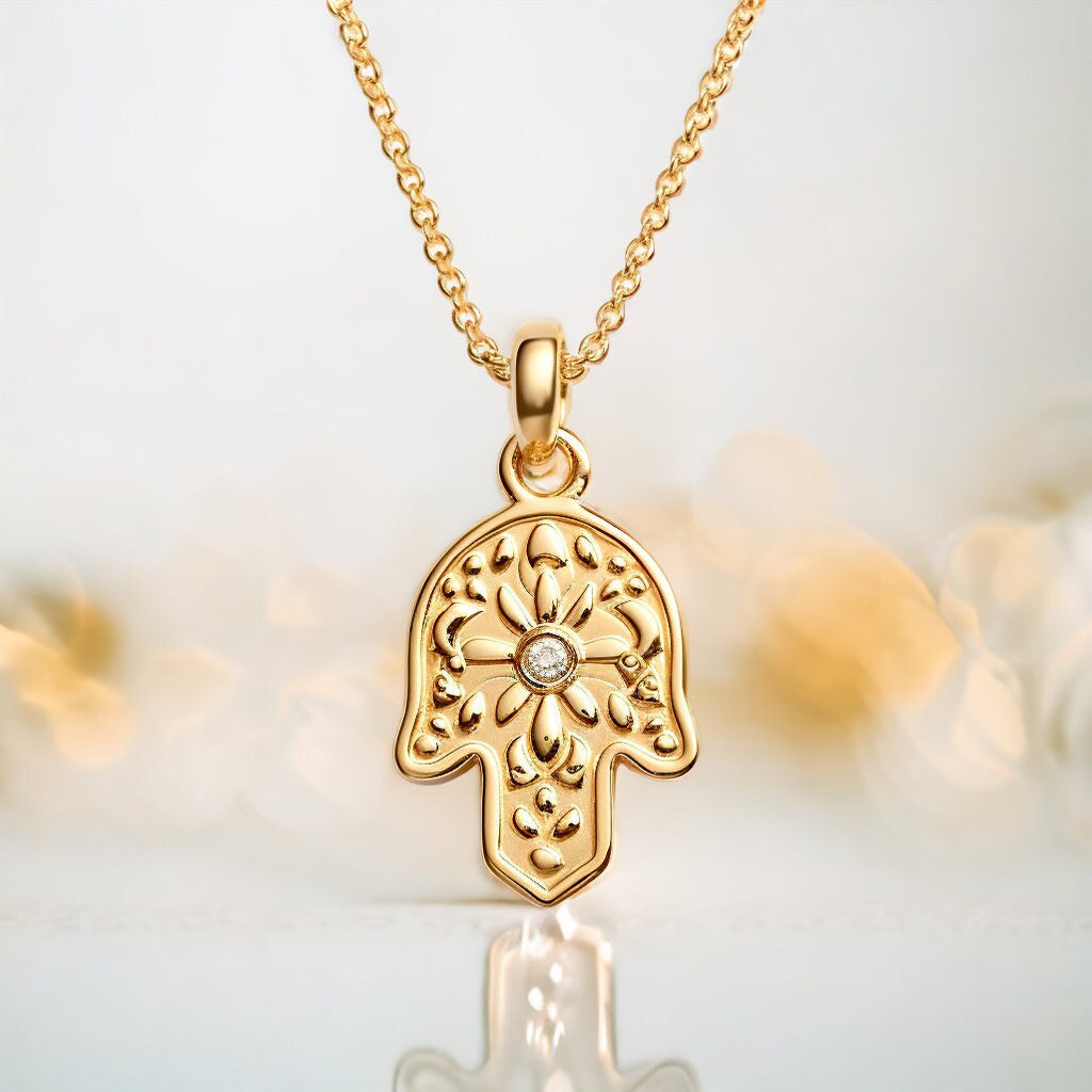 Hamsa Necklace, 14K Gold Hamsa Pendant with Diamond, Floral Hamsa Pendant Necklace, Hand Protection Necklace, Hamsa Israel, Israeli Jewelry