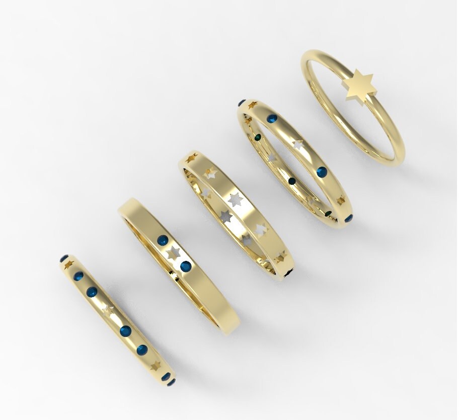 Magen David Ring, 14K Gold ring with Blue sapphire gemstones, Star of David Ring in Gold