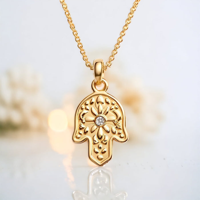 Hamsa Necklace, 14K Gold Hamsa Pendant with Diamond, Floral Hamsa Pendant Necklace, Hand Protection Necklace, Hamsa Israel, Israeli Jewelry