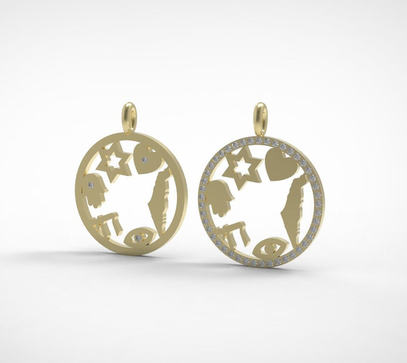 Israel Amulet, Israeli Symbols Pendant Necklace, 14k Gold Pendant Necklace with Magen David, Hamsa, Chai, Israel Map, Charm Pendant