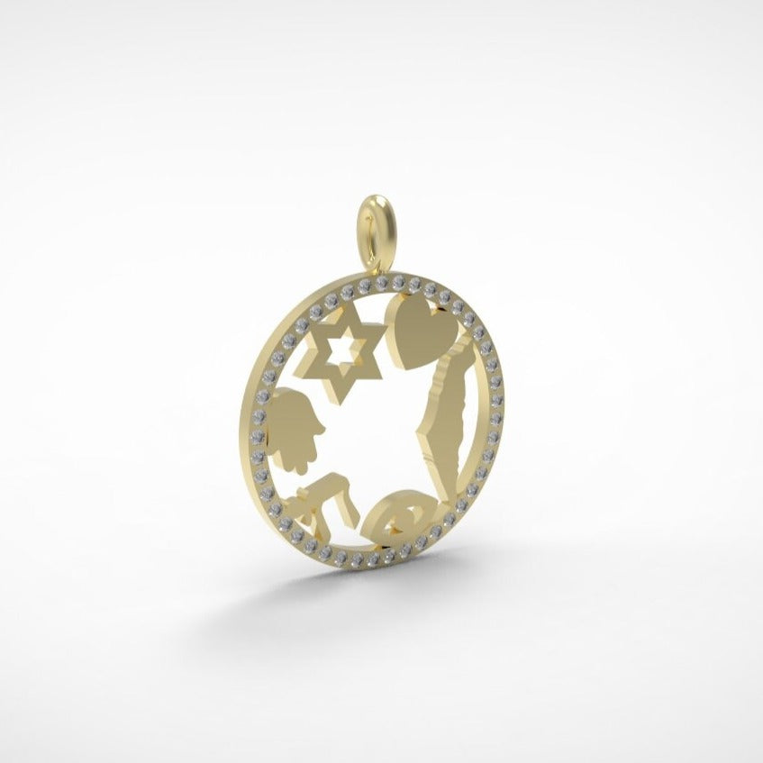 Israel Amulet, Israeli Symbols Pendant Necklace, 14k Gold Diamond Pendant Necklace with Magen David, Hamsa, Chai, Israel Map, Charm Pendant
