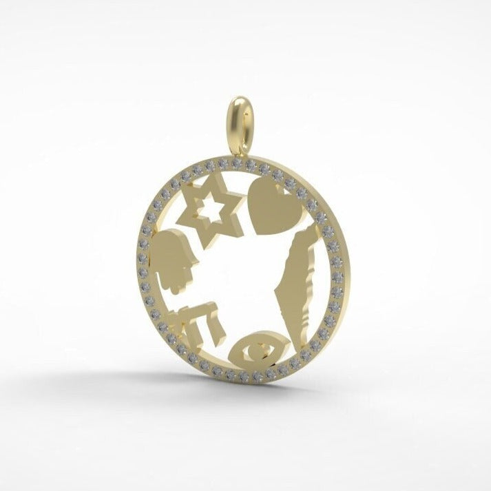 Israel Amulet, Israeli Symbols Pendant Necklace, 14k Gold Diamond Pendant Necklace with Magen David, Hamsa, Chai, Israel Map, Charm Pendant
