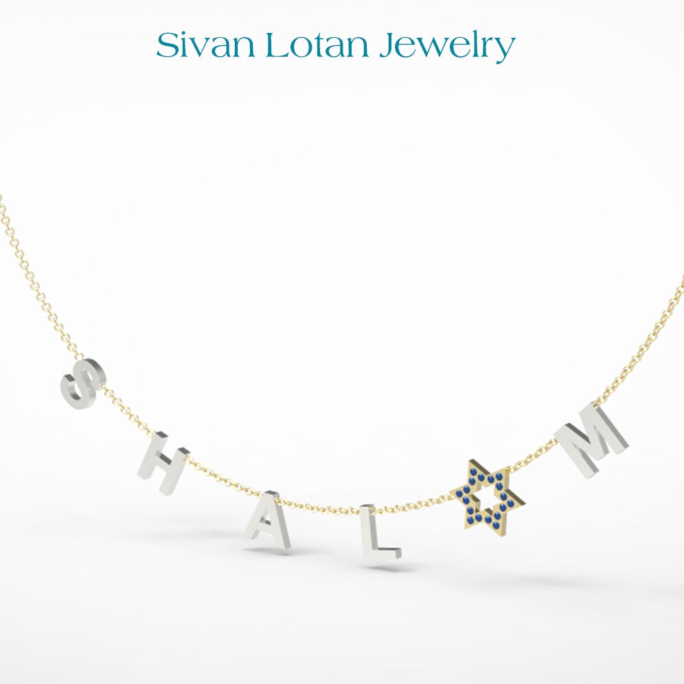 SHALOM Necklace, Letter Necklace with Magen David, 14K Gold Letter Necklace, Israeli Necklace, Star of David Shalom peace Neckalce