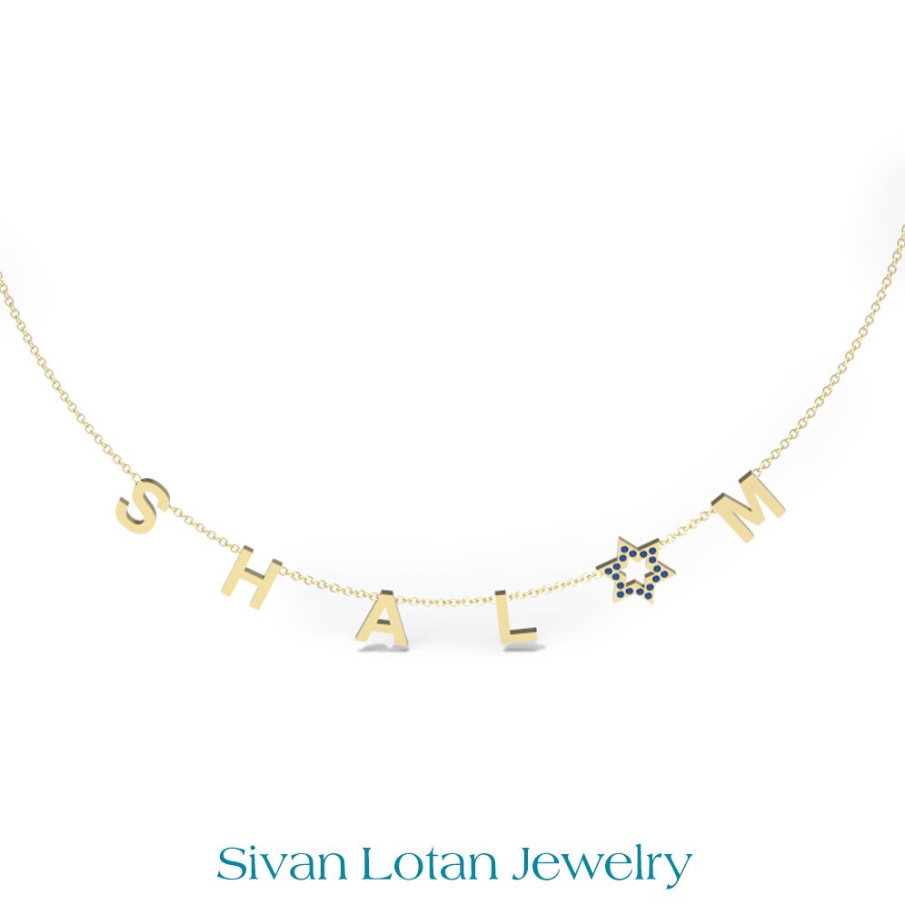SHALOM Necklace, Letter Necklace with Magen David, 14K Gold Letter Necklace, Israeli Necklace, Star of David Shalom peace Neckalce