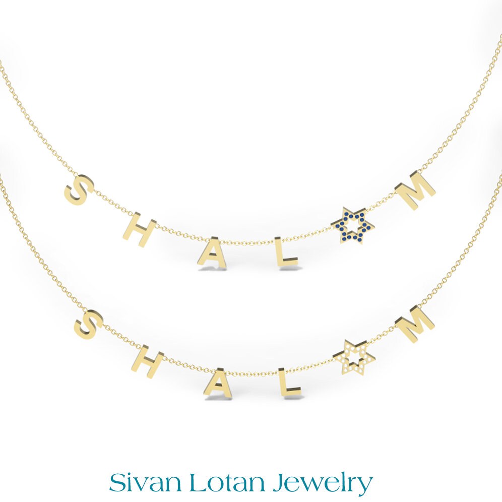 SHALOM Necklace, Letter Necklace with Magen David, 14K Gold Letter Necklace, Israeli Necklace, Star of David Shalom peace Neckalce