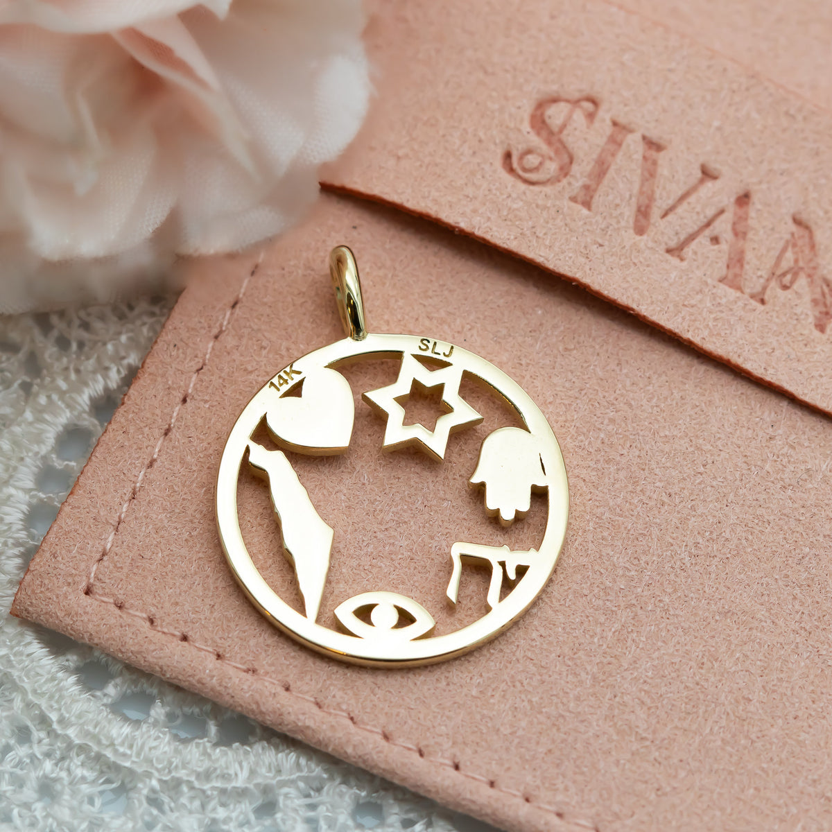 Israel Amulet, Israeli Symbols Pendant Necklace, 14k Gold Pendant Necklace with Magen David, Hamsa, Chai, Israel Map, Charm Pendant