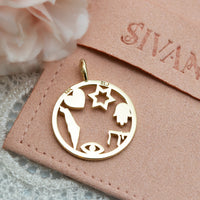 Israel Amulet, Israeli Symbols Pendant Necklace, 14k Gold Pendant Necklace with Magen David, Hamsa, Chai, Israel Map, Charm Pendant