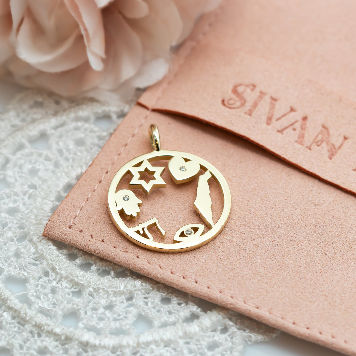 Israel Amulet, Israeli Symbols Pendant Necklace, 14k Gold Pendant Necklace with Magen David, Hamsa, Chai, Israel Map, Charm Pendant