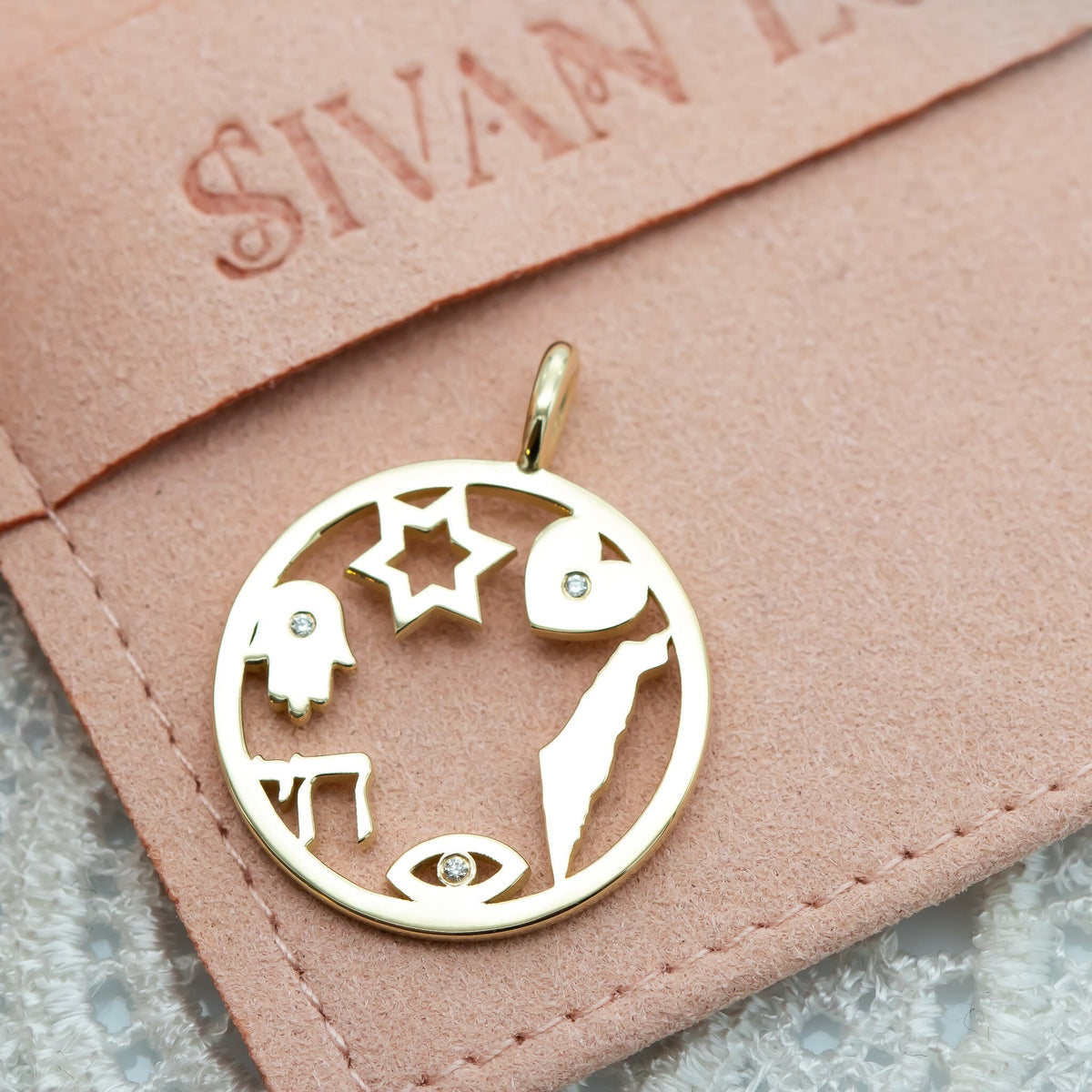 Israel Amulet, Israeli Symbols Pendant Necklace, 14k Gold Pendant Necklace with Magen David, Hamsa, Chai, Israel Map, Charm Pendant